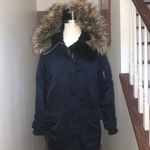 Gap Hooded Blue Nylon &Faux Fur Winter Coat XS😘